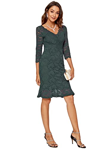 Atnlewhi Damen 3/4 Ärmel Kleid V-Ausschnitt Formeller Abend Bodycon Knielang Vintage Spitzenkleid Elegante Cocktailkleider - Dunkelgrün - M von Atnlewhi