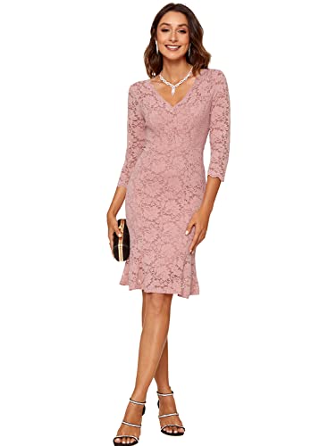 Atnlewhi Damen 3/4 Ärmel Kleid V-Ausschnitt Formeller Abend Bodycon Knielang Vintage Spitzenkleid Elegante Cocktailkleider - Rosa - M von Atnlewhi