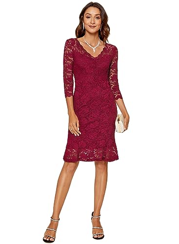 Atnlewhi Damen 3/4 Ärmel Kleid V-Ausschnitt Formeller Abend Bodycon Knielang Vintage Spitzenkleid Elegante Cocktailkleider - Rotwein - L von Atnlewhi