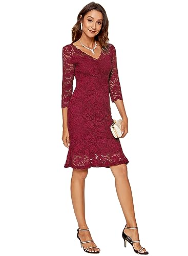 Atnlewhi Damen 3/4 Ärmel Kleid V-Ausschnitt Formeller Abend Bodycon Knielang Vintage Spitzenkleid Elegante Cocktailkleider - Rotwein - S von Atnlewhi