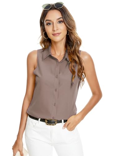 Atnlewhi Damen Ärmellos Knöpfen Hemden Bluse Basic Kragen Arbeit Büro Stretch Formelle Casual Blusen - Braun - L von Atnlewhi