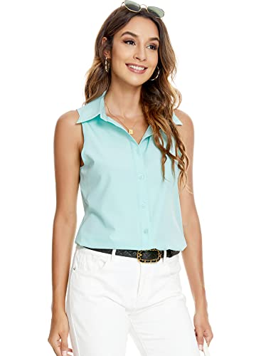 Atnlewhi Damen Ärmellos Knöpfen Hemden Bluse Basic Kragen Arbeit Büro Stretch Formelle Casual Blusen - Hellgrün - S von Atnlewhi