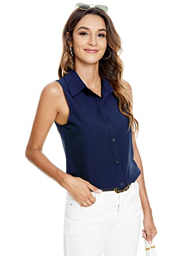 Atnlewhi Damen Ärmellos Knöpfen Hemden Bluse Basic Kragen Arbeit Büro Stretch Formelle Casual Blusen - Marineblau - XL von Atnlewhi
