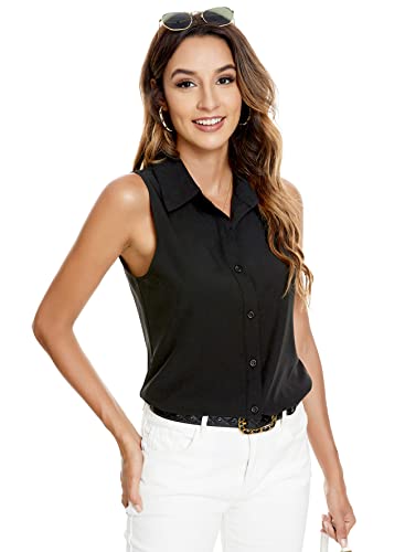 Atnlewhi Damen Ärmellos Knöpfen Hemden Bluse Basic Kragen Arbeit Büro Stretch Formelle Casual Blusen - Schwarz - M von Atnlewhi