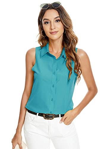 Atnlewhi Damen Ärmellos Knöpfen Hemden Bluse Basic Kragen Arbeit Büro Stretch Formelle Casual Blusen - See Blau - M von Atnlewhi