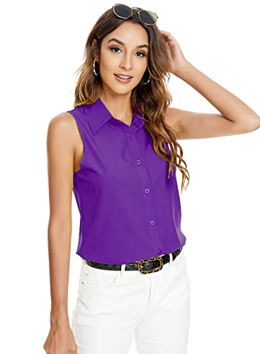 Atnlewhi Damen Ärmellos Knöpfen Hemden Bluse Basic Kragen Arbeit Büro Stretch Formelle Casual Blusen - Violett - M von Atnlewhi