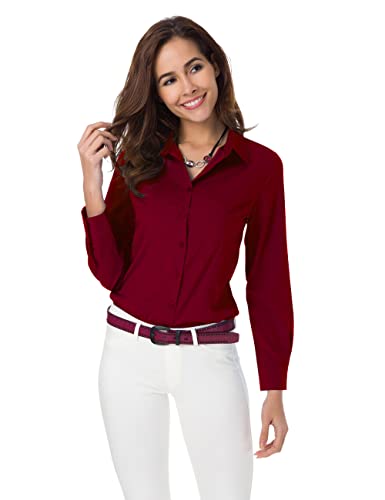 Atnlewhi Damen Bluse Hemd Basic Kent-Kragen Langarm Stretch Leisure Formelle Casual Business Arbeit Elegant Hemden (as3, Alpha, xx_l, Regular, Regular, Rotwein) von Atnlewhi