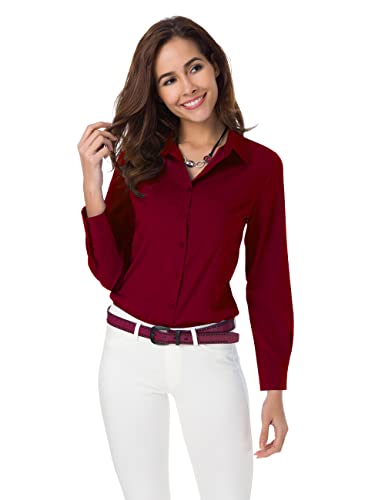 Atnlewhi Damen Bluse Hemd Basic Kent-Kragen Langarm Stretch Leisure Formelle Casual Business Arbeit Elegant Hemden - Rotwein - XXL von Atnlewhi
