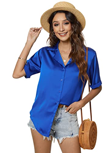 Atnlewhi Damen Bluse Kurzarm Button Down Satin Seide Shirts Casual Business Formelle Sommer Casual Blusen - Brillant Blau - XL von Atnlewhi