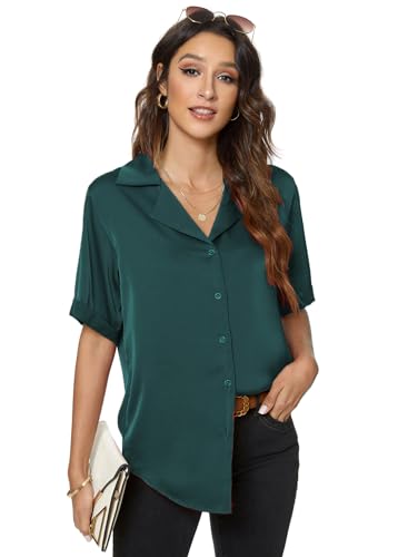 Atnlewhi Damen Bluse Kurzarm Button Down Satin Seide Shirts Casual Business Formelle Sommer Casual Blusen - Dunkelgrün - S von Atnlewhi