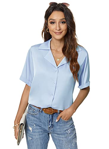 Atnlewhi Damen Bluse Kurzarm Button Down Satin Seide Shirts Casual Business Formelle Sommer Casual Blusen - Hellblau - XXL von Atnlewhi