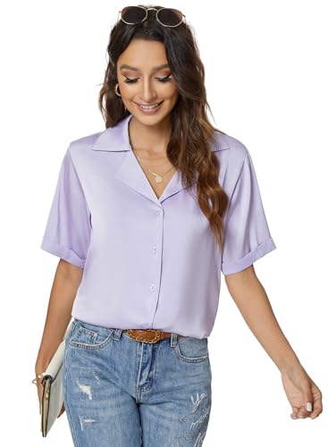 Atnlewhi Damen Bluse Kurzarm Button Down Satin Seide Shirts Casual Business Formelle Sommer Casual Blusen - Hellviolett - L von Atnlewhi