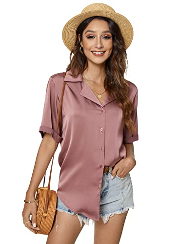 Atnlewhi Damen Bluse Kurzarm Button Down Satin Seide Shirts Casual Business Formelle Sommer Casual Blusen - Vermilion - S von Atnlewhi