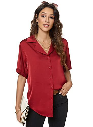 Atnlewhi Damen Bluse Kurzarm Button Down Satin Seide Shirts Casual Business Formelle Sommer Casual Blusen - Weinrot - M von Atnlewhi