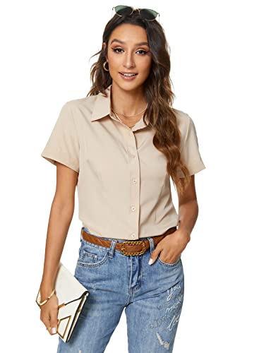Atnlewhi Damen Bluse Kurzarm Knöpfen Hemden Basic Kent Kragen Arbeit Büro Stretch Slim Fit Formelle Casual Blusen - Aprikosenfarbe - XL von Atnlewhi
