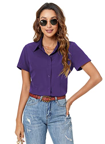 Atnlewhi Damen Bluse Kurzarm Knöpfen Hemden Basic Kent Kragen Arbeit Büro Stretch Slim Fit Formelle Casual Blusen - Dunkelviolett - L von Atnlewhi