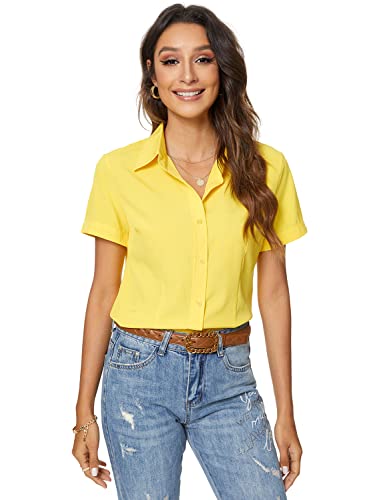 Atnlewhi Damen Bluse Kurzarm Knöpfen Hemden Basic Kent Kragen Arbeit Büro Stretch Slim Fit Formelle Casual Blusen - Gelb - XXL Atnlewhi Damen Bluse Kurzarm Knöpfen Hemden Basic Kent Kragen Arbeit Büro Stretch Slim Fit Formelle Casual Blusen - Gelb - XXL von Atnlewhi