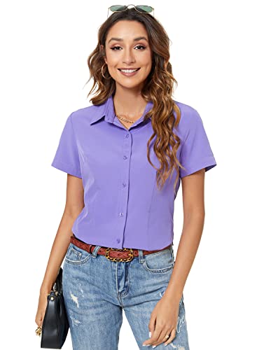 Atnlewhi Damen Bluse Kurzarm Knöpfen Hemden Basic Kent Kragen Arbeit Büro Stretch Slim Fit Formelle Casual Blusen - Hellviolett - M von Atnlewhi