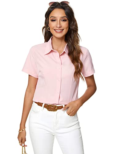 Atnlewhi Damen Bluse Kurzarm Knöpfen Hemden Basic Kent Kragen Arbeit Büro Stretch Slim Fit Formelle Casual Blusen - Rosa - XXL von Atnlewhi