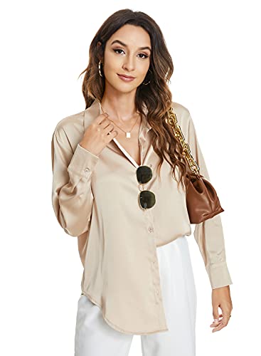 Atnlewhi Damen Bluse Langarm Knöpfen Satin Seide Hemden Basic Kent Kragen Arbeit Büro Formelle Casual Blusen Shirt - Aprikose - S von Atnlewhi