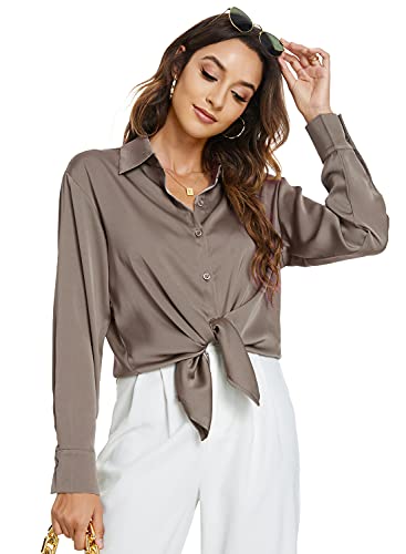 Atnlewhi Damen Bluse Langarm Knöpfen Satin Seide Hemden Basic Kent Kragen Arbeit Büro Formelle Casual Blusen Shirt - Braun - M von Atnlewhi