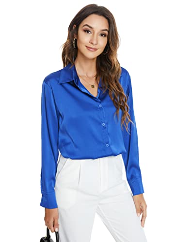 Atnlewhi Damen Bluse Langarm Knöpfen Satin Seide Hemden Basic Kent Kragen Arbeit Büro Formelle Casual Blusen Shirt - Dunkel Brillant Blau - M von Atnlewhi