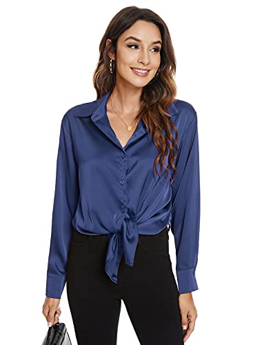 Atnlewhi Damen Bluse Langarm Knöpfen Satin Seide Hemden Basic Kent Kragen Arbeit Büro Formelle Casual Blusen Shirt - Dunkelblau - L von Atnlewhi