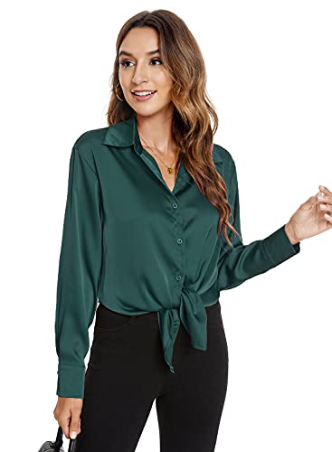 Atnlewhi Damen Bluse Langarm Knöpfen Satin Seide Hemden Basic Kent Kragen Arbeit Büro Formelle Casual Blusen Shirt - Dunkelgrün - S von Atnlewhi