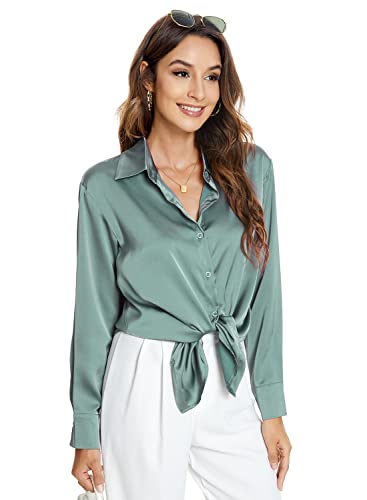 Atnlewhi Damen Bluse Langarm Knöpfen Satin Seide Hemden Basic Kent Kragen Arbeit Büro Formelle Casual Blusen Shirt - Grau Grün - S von Atnlewhi