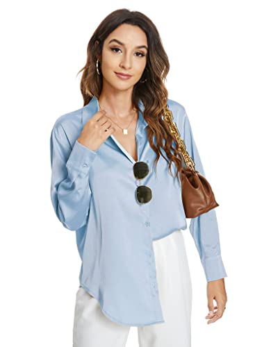 Atnlewhi Damen Bluse Langarm Knöpfen Satin Seide Hemden Basic Kent Kragen Arbeit Büro Formelle Casual Blusen Shirt - Hellblau - M von Atnlewhi