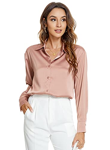 Atnlewhi Damen Bluse Langarm Knöpfen Satin Seide Hemden Basic Kent Kragen Arbeit Büro Formelle Casual Blusen Shirt - Rosa - S von Atnlewhi