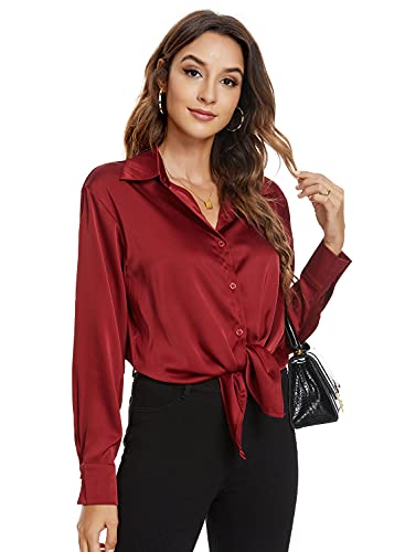 Atnlewhi Damen Bluse Langarm Knöpfen Satin Seide Hemden Basic Kent Kragen Arbeit Büro Formelle Casual Blusen Shirt - Rotwein - L von Atnlewhi