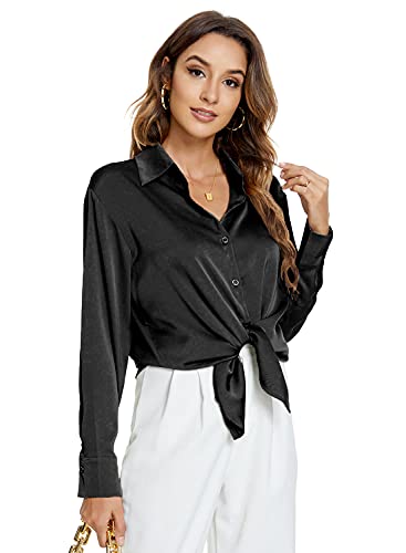 Atnlewhi Damen Bluse Langarm Knöpfen Satin Seide Hemden Basic Kent Kragen Arbeit Büro Formelle Casual Blusen Shirt - Schwarz - XL von Atnlewhi