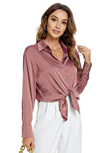 Atnlewhi Damen Bluse Langarm Knöpfen Satin Seide Hemden Basic Kent Kragen Arbeit Büro Formelle Casual Blusen Shirt - Vermilion - L von Atnlewhi