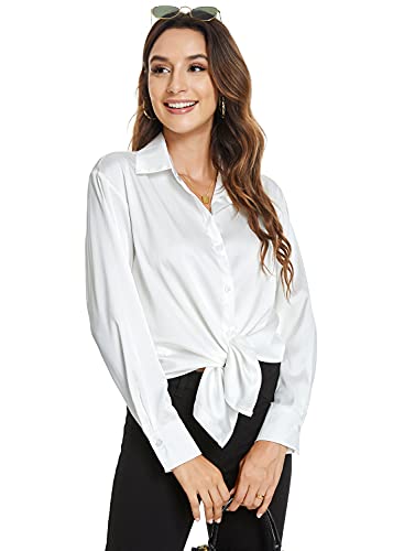 Atnlewhi Damen Bluse Langarm Knöpfen Satin Seide Hemden Basic Kent Kragen Arbeit Büro Formelle Casual Blusen Shirt - Weiß - XL von Atnlewhi