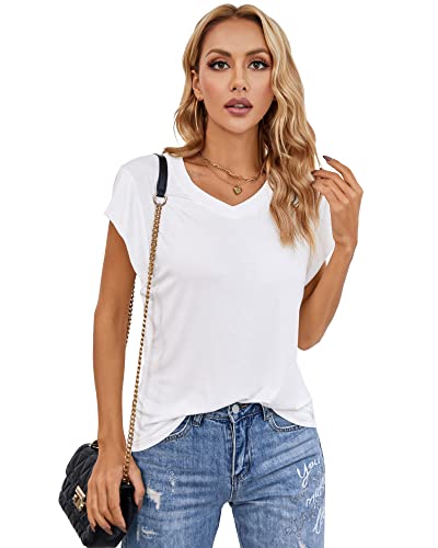 Atnlewhi Damen Casual Flügelärmel T-Shirts Basic V Ausschnitt Sommer Stretch Tops, Weiss/opulenter Garten, Groß von Atnlewhi