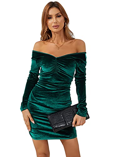 Atnlewhi Damen-Cocktailkleid, V-Ausschnitt, schulterfrei, lange Ärmel, dehnbar, figurbetont, gerüscht, dunkelgrün, X-Groß von Atnlewhi