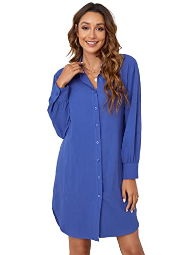 Atnlewhi Damen Hemd-Bluse Kleider Langarm Baumwolle Casual Blusenkleid Lang mit Taschen - Brillant Blau - S von Atnlewhi