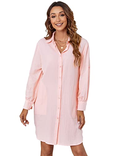 Atnlewhi Damen Hemd-Bluse Kleider Langarm Baumwolle Casual Blusenkleid Lang mit Taschen - Rosa - L von Atnlewhi