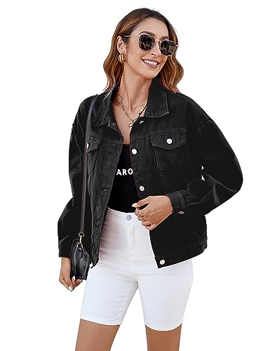 Atnlewhi Damen Jeansjacke Einfarbig Langarm Denim Jacke Casual Cropped Trucker Jean Mäntel mit Taschen - Schwarz - S von Atnlewhi