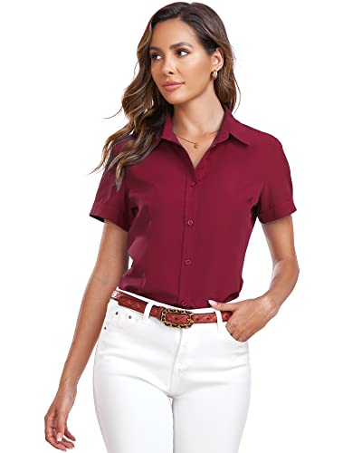 Atnlewhi Damen Kurzarm Knöpfen Hemden Basic Kent Kragen Arbeit Büro Stretch Slim Fit Formelle Casual Blusen - Rotwein - L von Atnlewhi