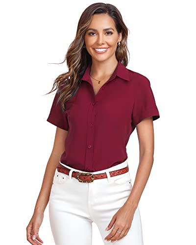 Atnlewhi Damen Kurzarm Knöpfen Hemden Basic Kent Kragen Arbeit Büro Stretch Slim Fit Formelle Casual Blusen - Rotwein - M von Atnlewhi