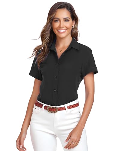 Atnlewhi Damen Kurzarm Knöpfen Hemden Basic Kent Kragen Arbeit Büro Stretch Slim Fit Formelle Casual Blusen - Schwarz - S von Atnlewhi