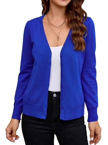 Atnlewhi Damen Langarm Leichte Strickjacke Langarm Cardigan Klassisch V-Ausschnitt Strickmantel mit Knöpfen - Brillant Blau - S von Atnlewhi