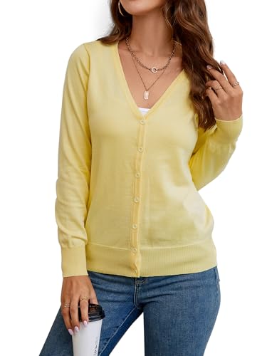 Atnlewhi Damen Langarm Leichte Strickjacke Langarm Cardigan Klassisch V-Ausschnitt Strickmantel mit Knöpfen - Milchgelb - L von Atnlewhi