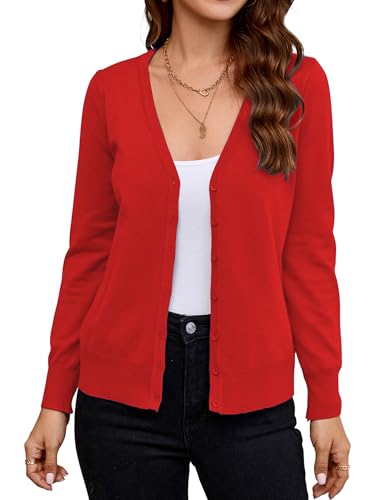 Atnlewhi Damen Langarm Leichte Strickjacke Langarm Cardigan Klassisch V-Ausschnitt Strickmantel mit Knöpfen - Rot - S von Atnlewhi