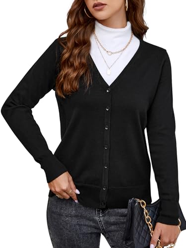 Atnlewhi Damen Langarm Leichte Strickjacke Langarm Cardigan Klassisch V-Ausschnitt Strickmantel mit Knöpfen - Schwarz - XL von Atnlewhi