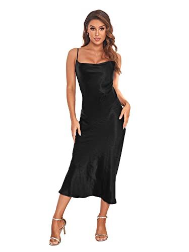 Atnlewhi Damen Satin Sexy Spaghettiträger Slip Kleid Nachtkleid Wasserfallkragen Midi Kleider Sommer für Frauen Partykleider - Schwarz - S von Atnlewhi