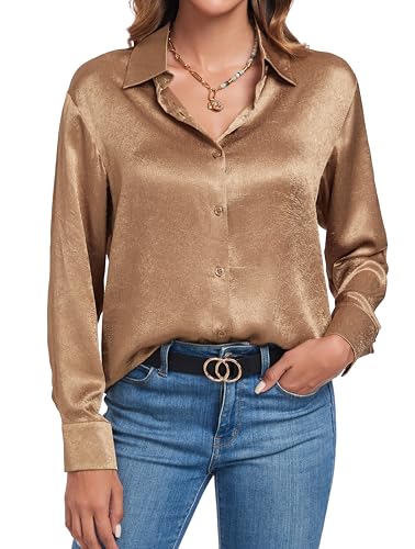 Atnlewhi Damen-Shirt, langärmelig, Knopfleiste, Satin, Seide, Textur, lässig, Business, glatte Bluse, Braun, Groß Atnlewhi Damen-Shirt, langärmelig, Knopfleiste, Satin, Seide, Textur, lässig, Business, glatte Bluse, Braun, Groß von Atnlewhi