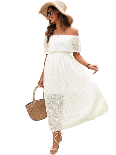 Atnlewhi Damen Vintage Off Shoulder A-Linie Maxi Kleid Spitzenkleid Brautjungfer Abendkleid Ballkleid Cocktailkleider - Aprikosenfarbe - XL von Atnlewhi